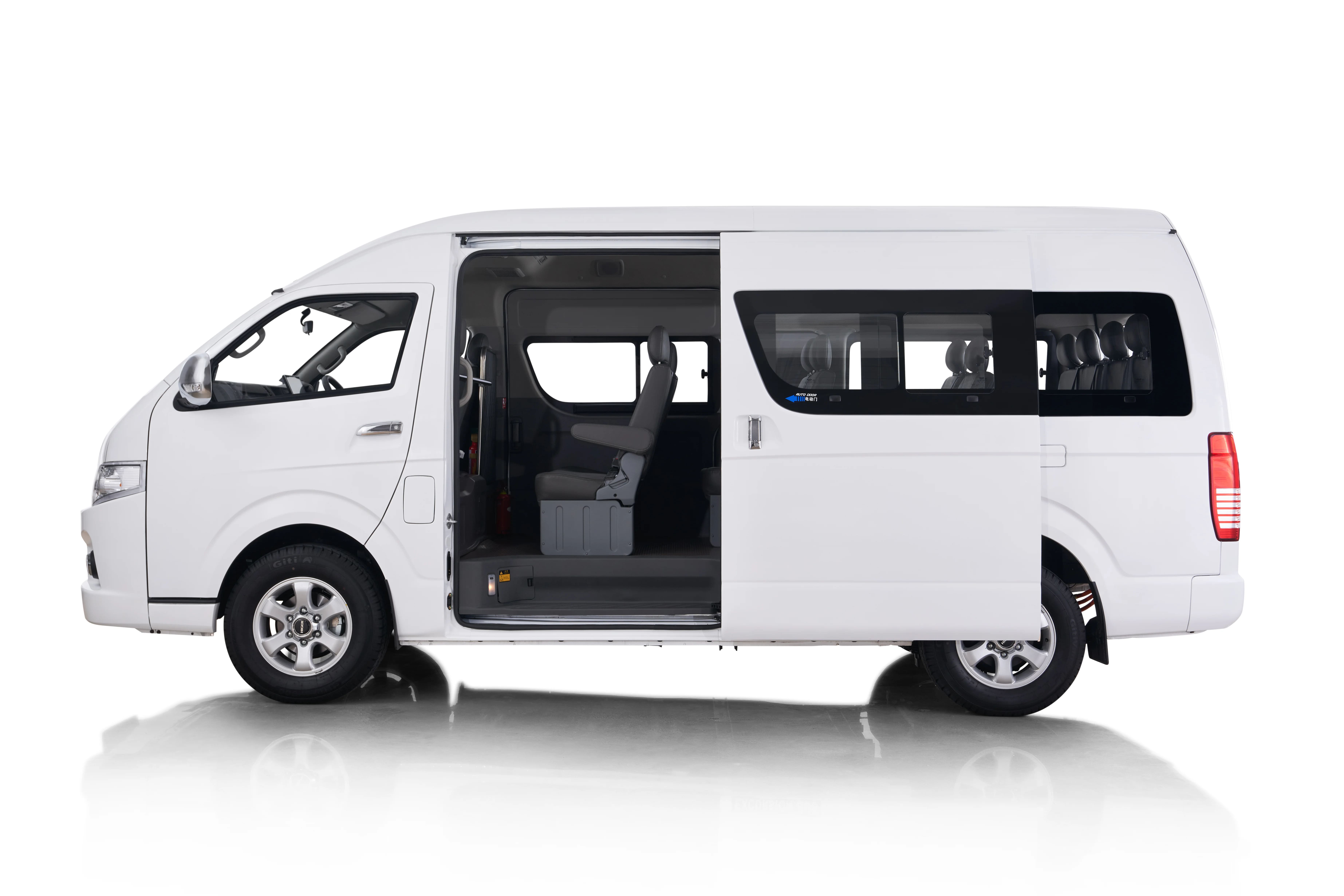 Higer EV H5C side profile with the sliding door open
