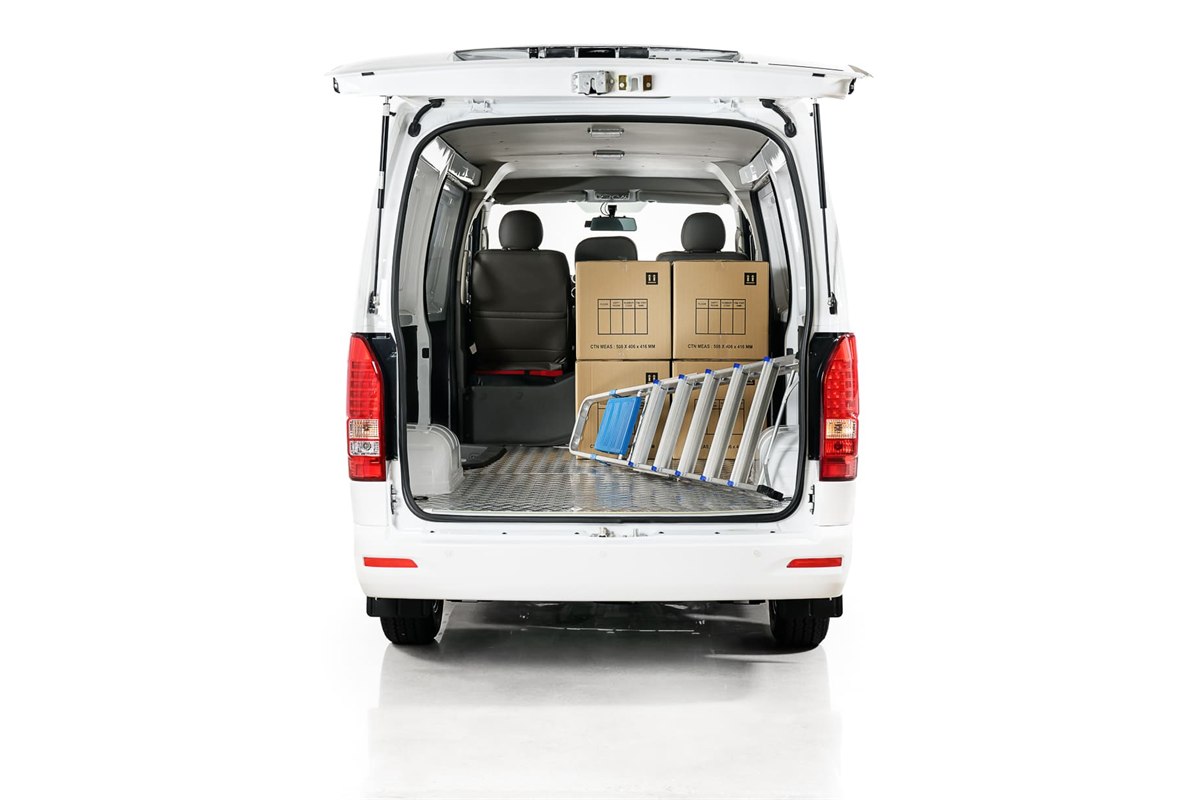 Higer EV H5F Cargo Van loaded with boxes through the open tailgate