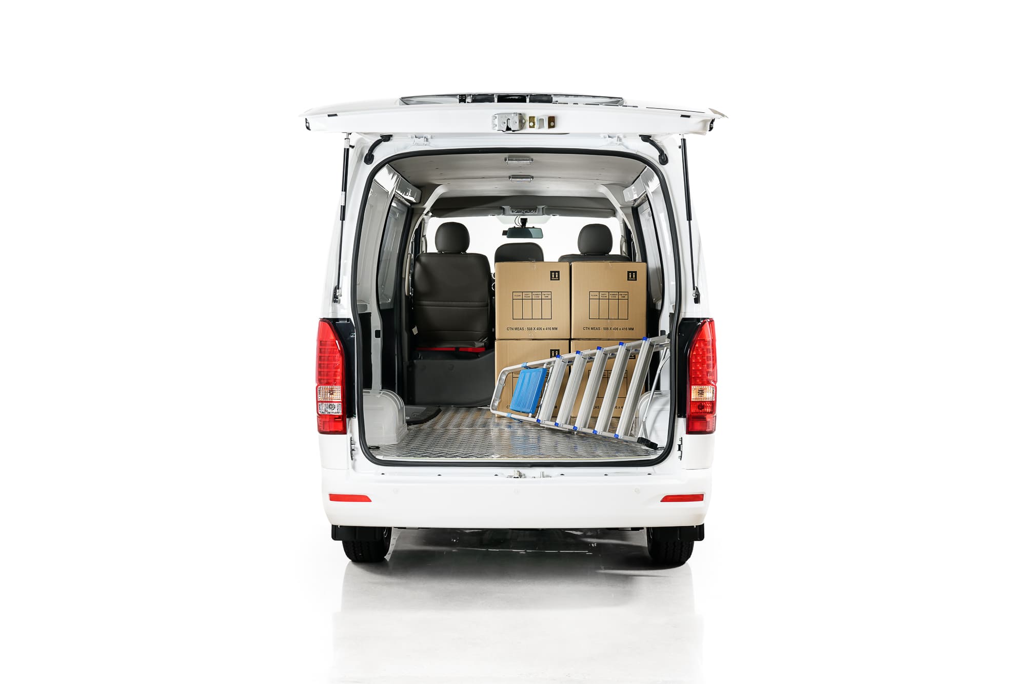 Higer EV H5F Cargo Van loaded with boxes through the open tailgate