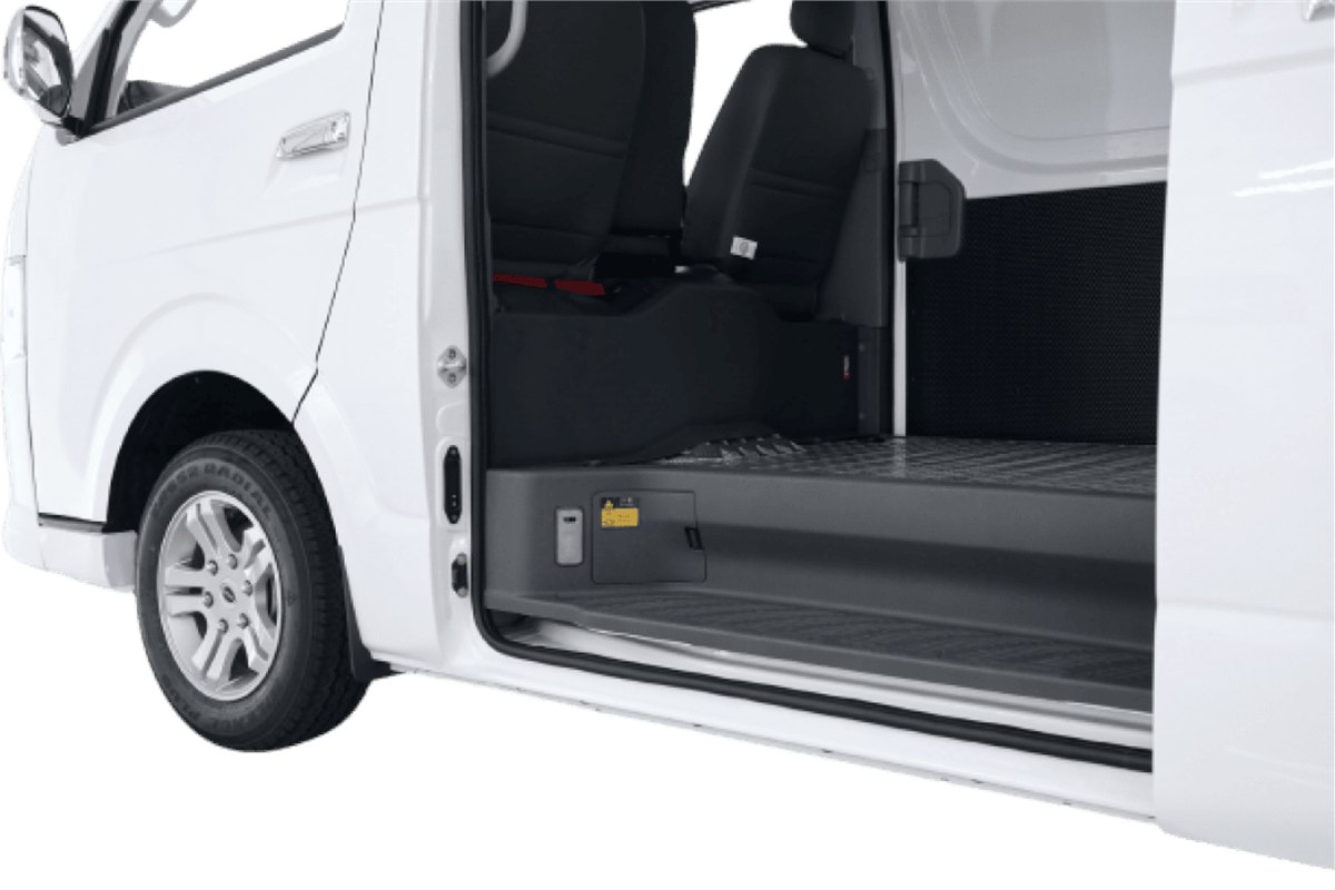 Higer EV H5F Cargo Van side door open showing the flat load floor