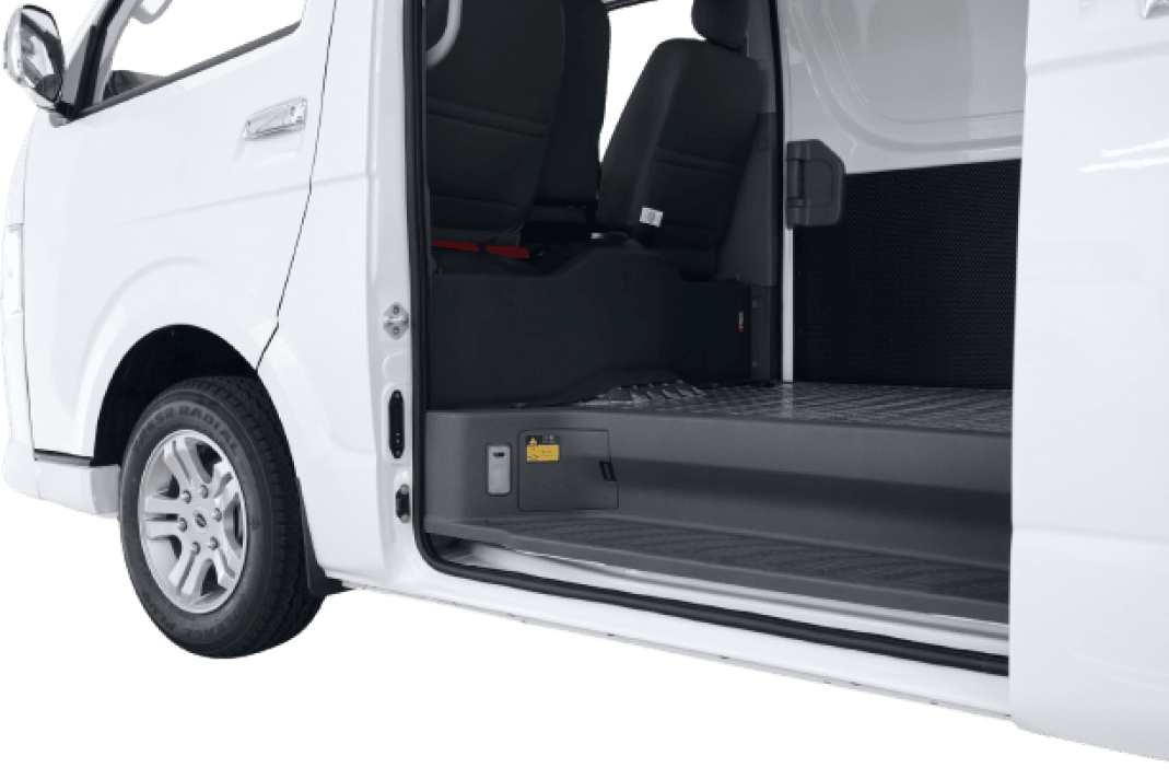 Higer EV H5F Cargo Van side door open showing the flat load floor