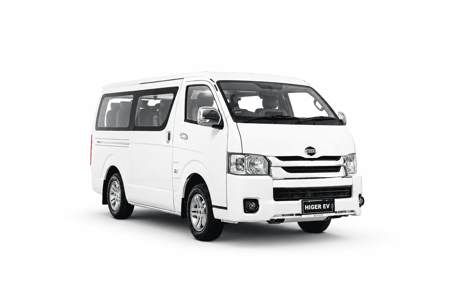 Higer EV H5F Standard Roof Mini Bus, front three-quarter studio view