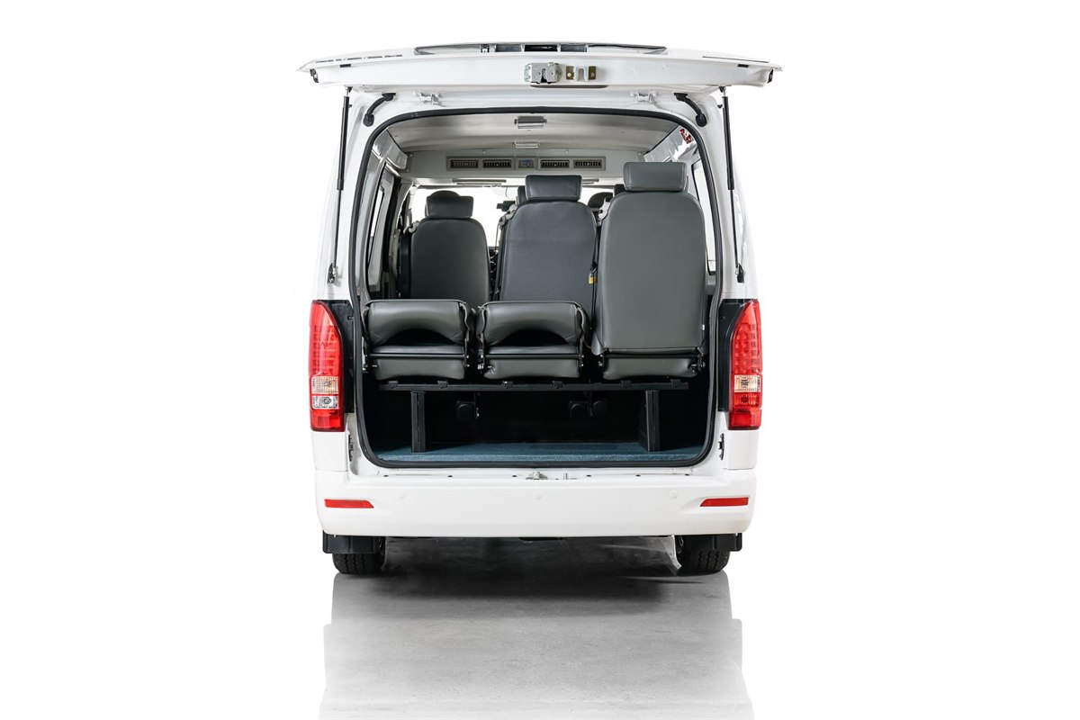 Higer EV H5F Mini Bus rear doors open showing seats