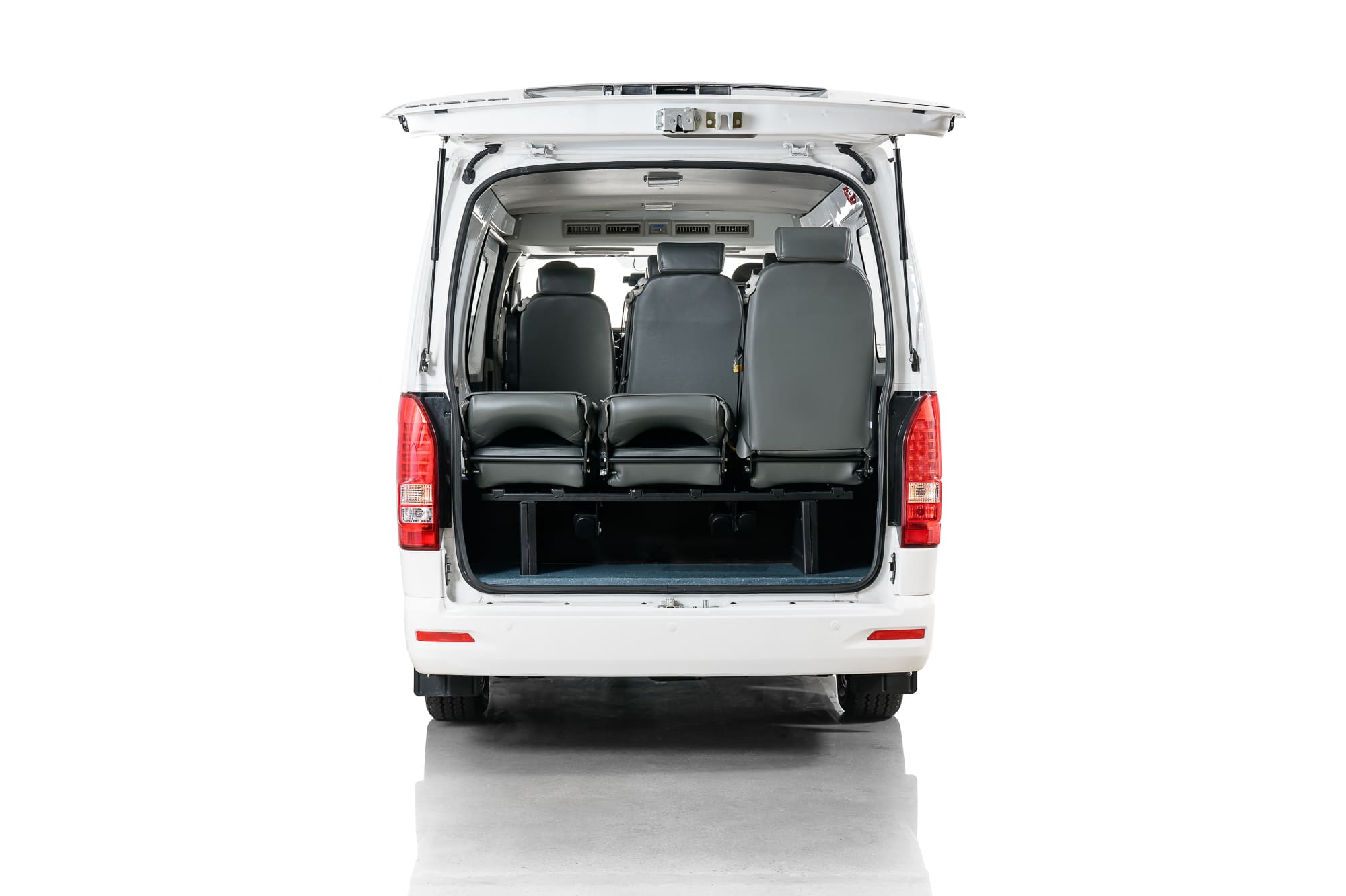 Higer EV H5F Mini Bus rear doors open showing seats