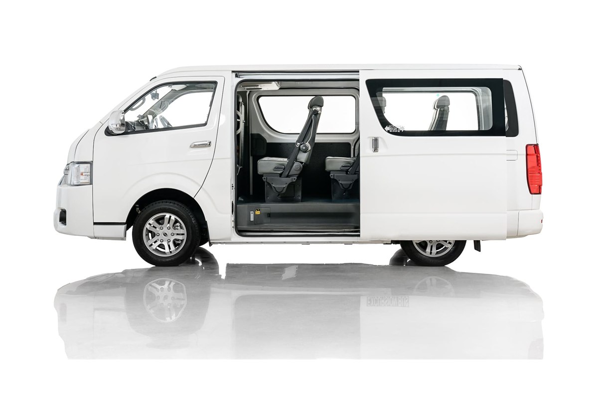 Higer EV H5F Mini Bus side profile with the sliding door open
