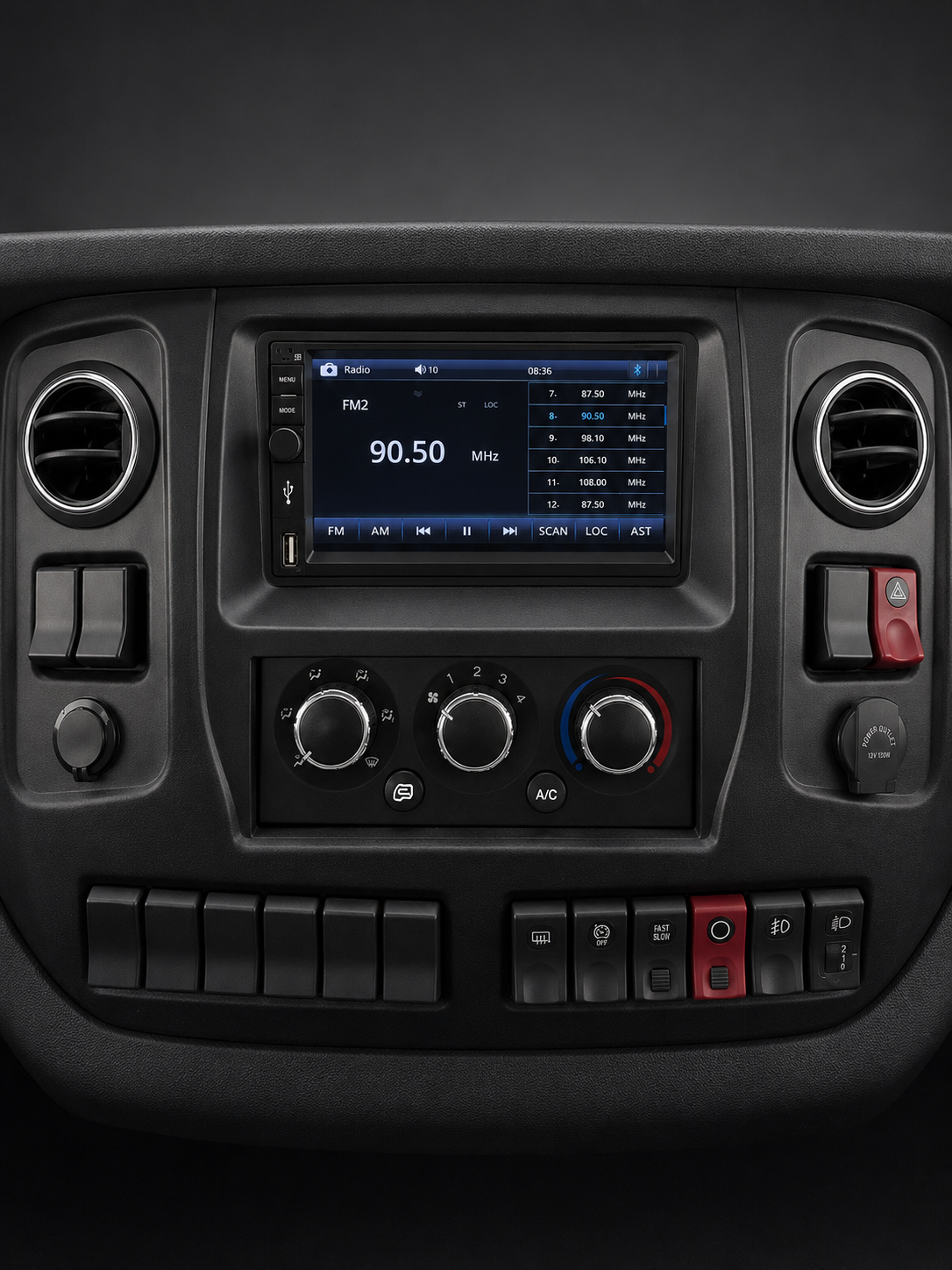 Higer EV H6T 14 ft Truck centre console with head unit and climate controls