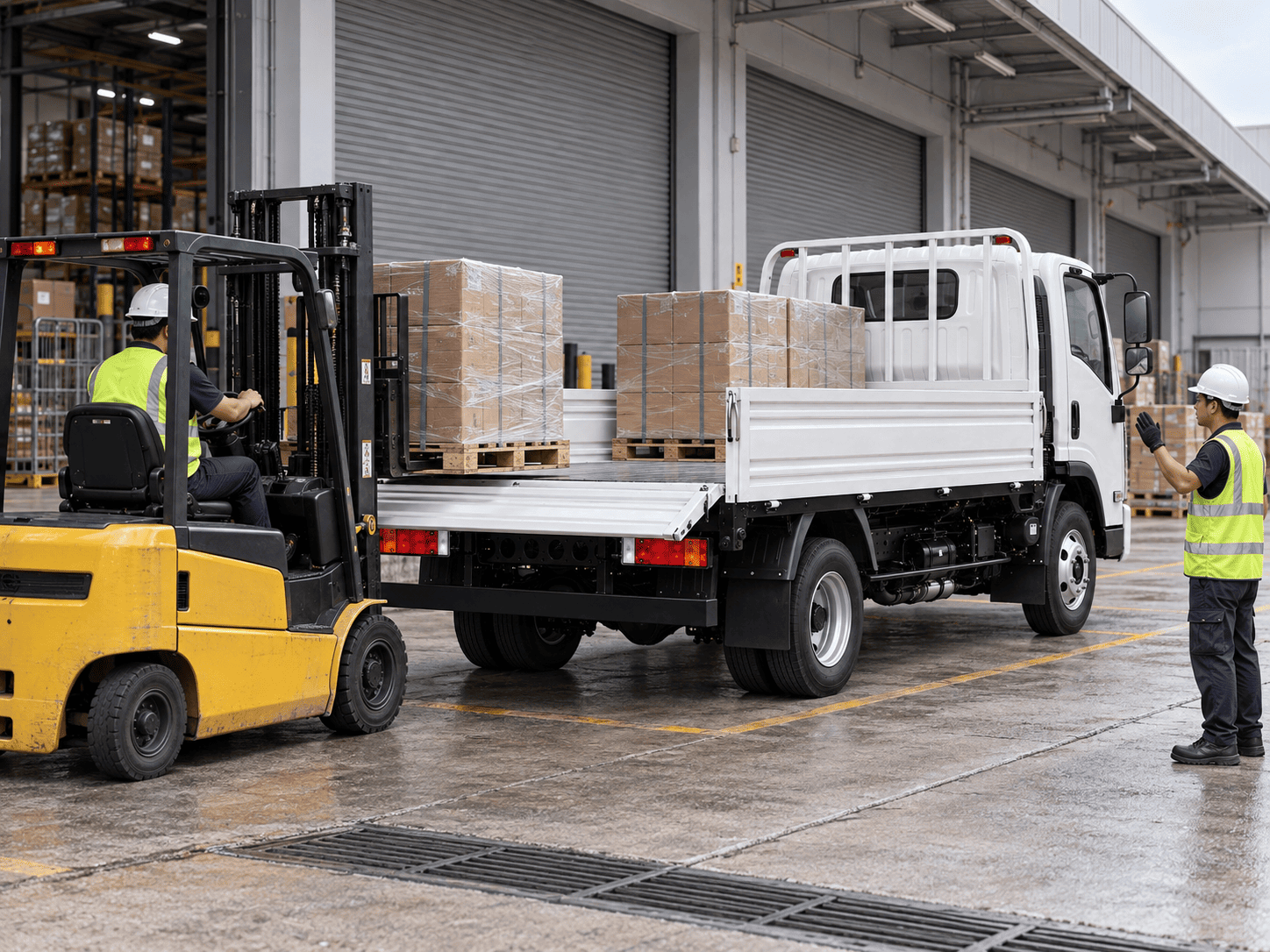 Forklift loading palletised cargo onto the Higer EV H6T 14 ft Truck deck at a warehouse bay