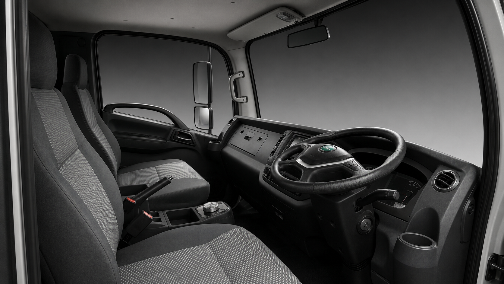 Higer EV H6T 14 ft Truck cab interior with seats, dashboard and steering wheel